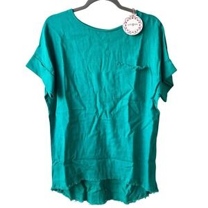 Umgee Linen Blend Raw Hem Frayed Edge Pocket Top Teal Green A5623 Size Small NWT